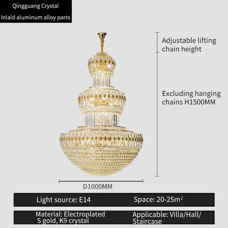 Decorbites crystal duplex gold chandelier with cascading k9 crystal and electroplated gold alloy for hotel and living room