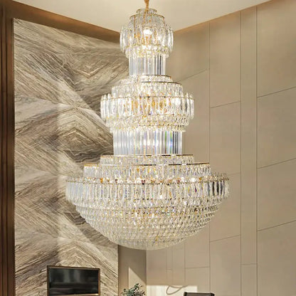 Decorbites crystal duplex gold chandelier with multi-tiered clear glass prisms for hotel and living room decor