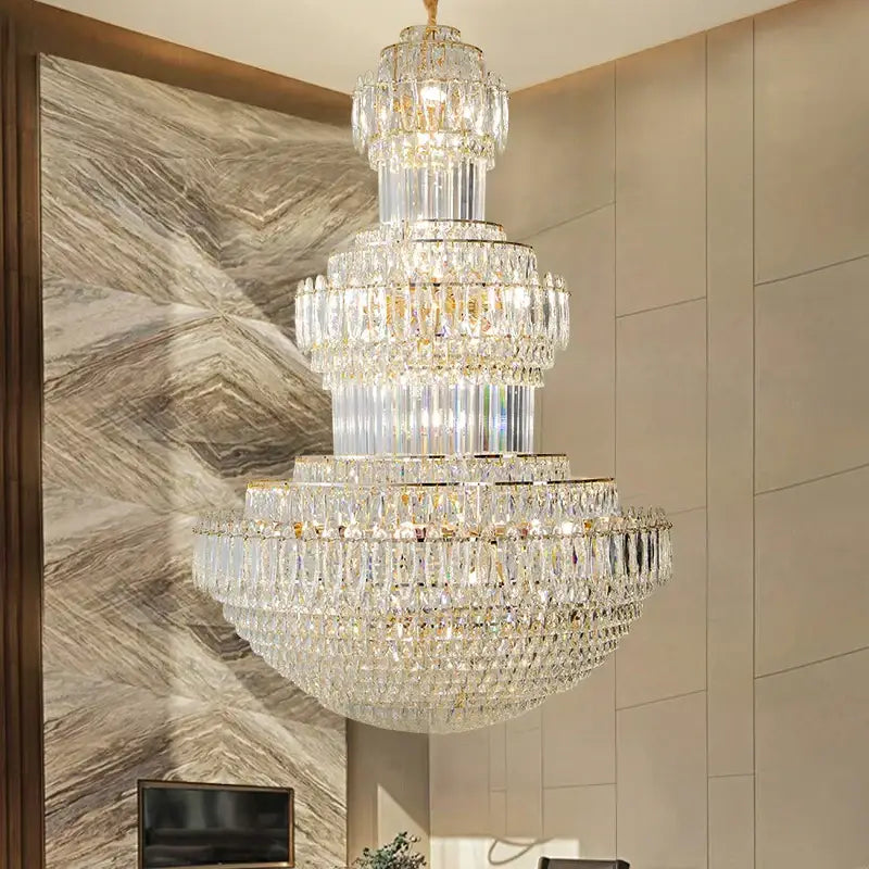 Decorbites crystal duplex gold chandelier with multi-tiered clear glass prisms for hotel and living room decor