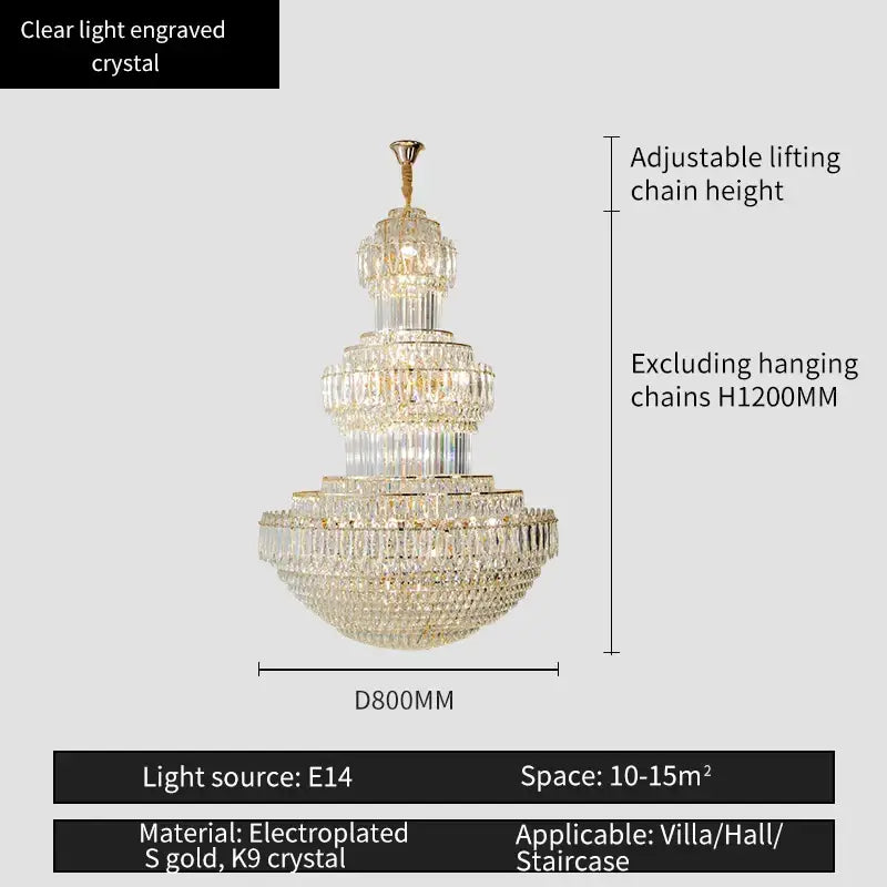 Decorbites crystal duplex gold chandelier with clear light engraved crystal and electroplated gold accents for elegant spaces