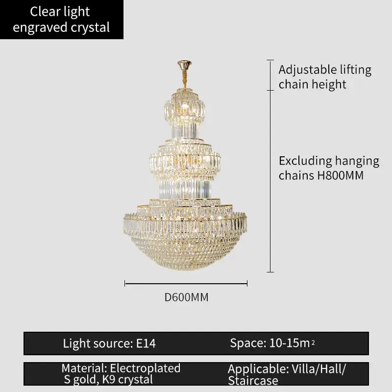 A multi-tiered decorbites crystal duplex gold chandelier with clear engraved crystal for elegant hotel and living rooms