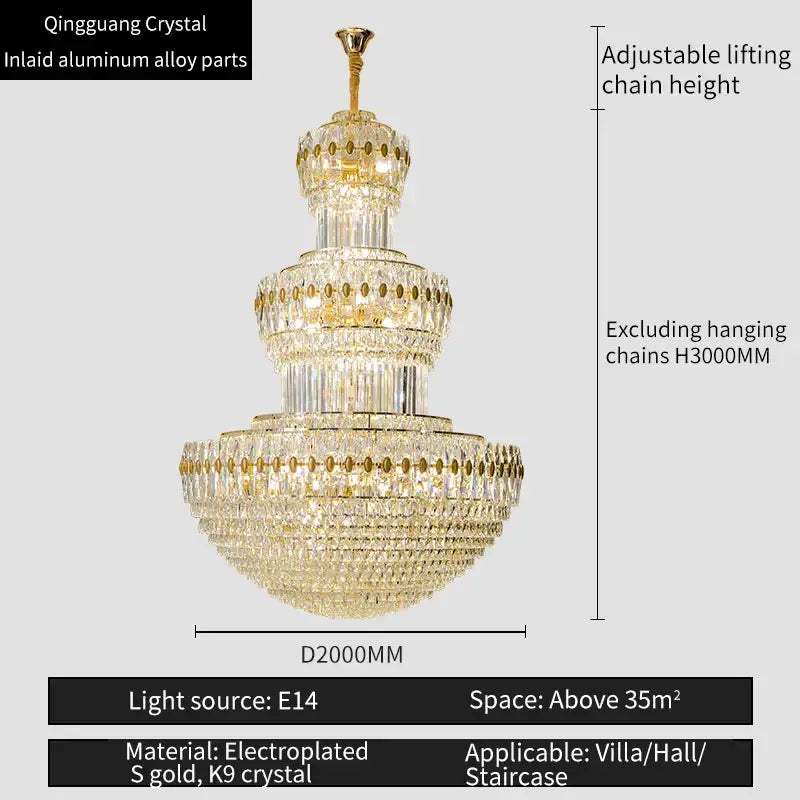 Golden decorbites crystal duplex chandelier with clear crystal accents and electroplated gold frame for living room and hotel