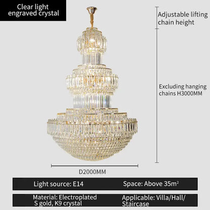 Decorbites crystal duplex gold chandelier with clear engraved crystal and electroplated gold accents for elegant spaces
