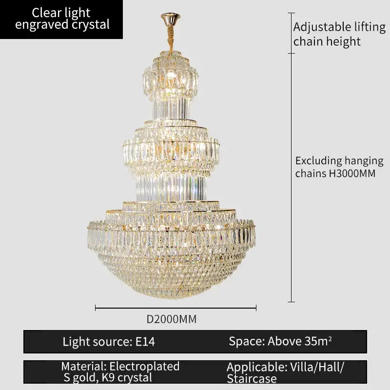 Decorbites crystal duplex gold chandelier with clear engraved crystal and electroplated gold accents for elegant spaces