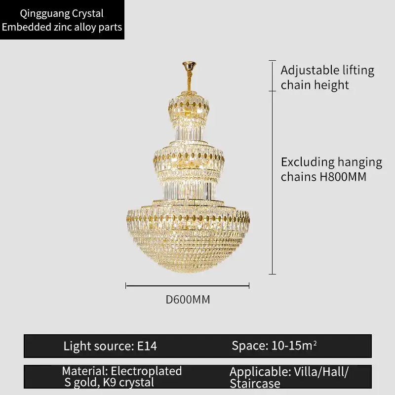 Elegant tiered decorbites crystal duplex gold chandelier with electroplated frame and k9 crystal accents for living room