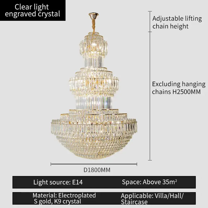 Decorbites crystal duplex gold chandelier with clear engraved crystal and electroplated accents for elegant spaces