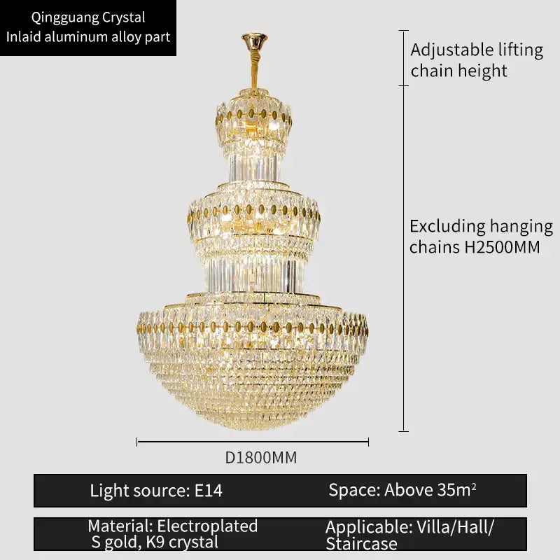 Decorbites crystal duplex gold chandelier with cascading k9 crystal and adjustable chain for hotel and living room use