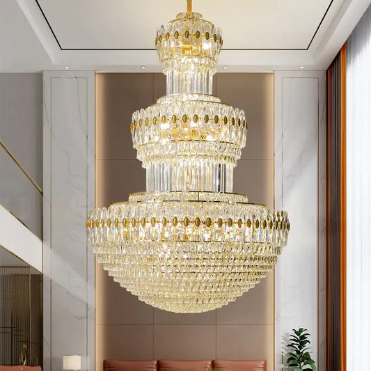 Decorbites crystal duplex gold chandelier with multi-tiered cascading clear crystals for hotel and living room use