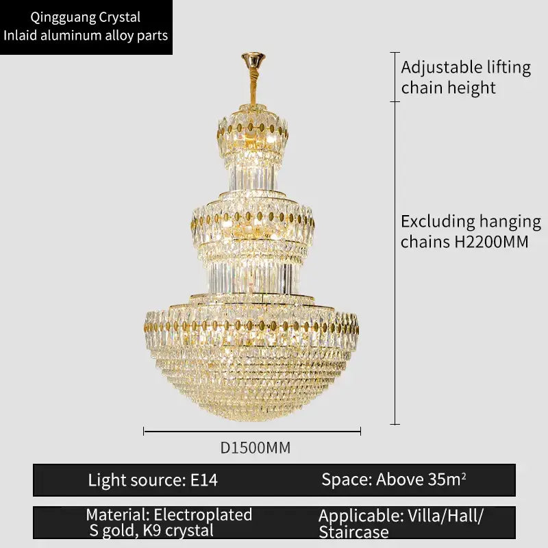 Elegant Decorbites crystal duplex gold chandelier with tiered k9 crystals and electroplated accents for hotel and living room