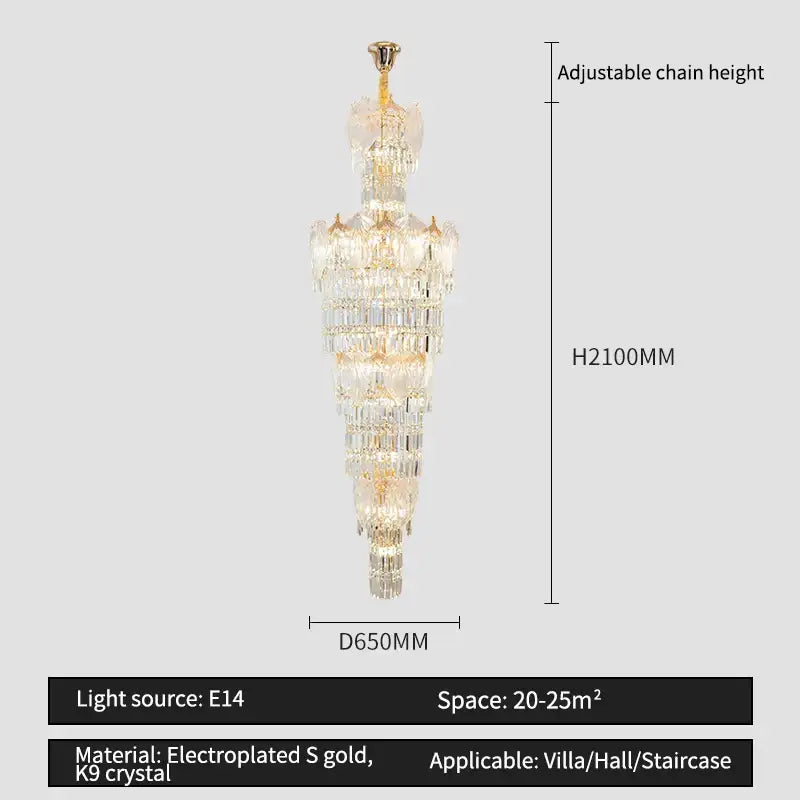 Elegant decorbites crystal european long chandelier with electroplated gold and k9 crystal for luxurious villa lighting