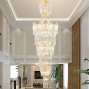 Decorbites crystal european long chandelier with gold accents and cascading glass prisms for living room lighting