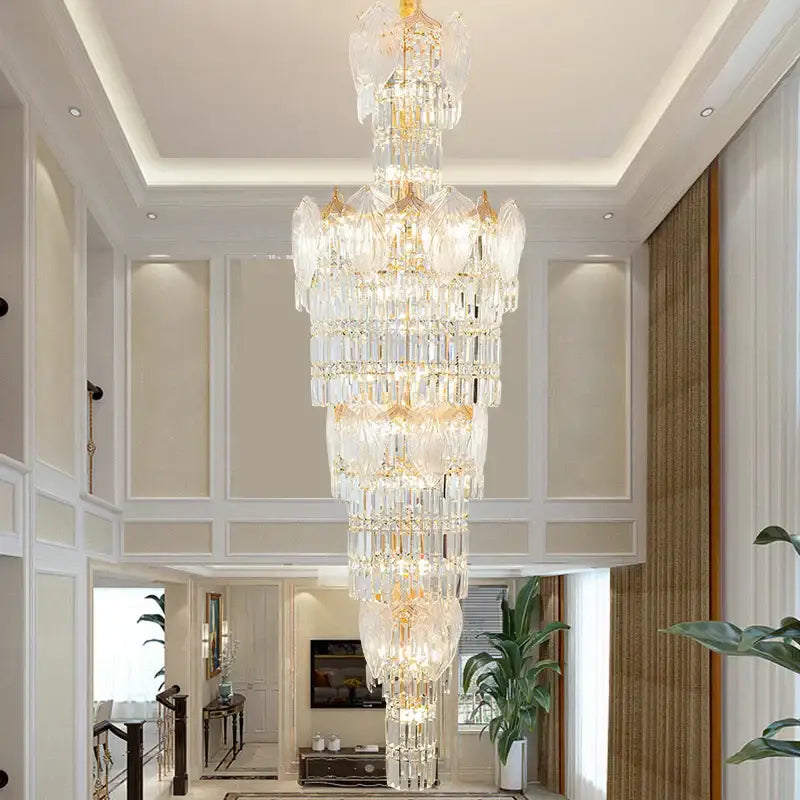 Decorbites crystal european long chandelier with gold accents and cascading glass prisms for living room lighting