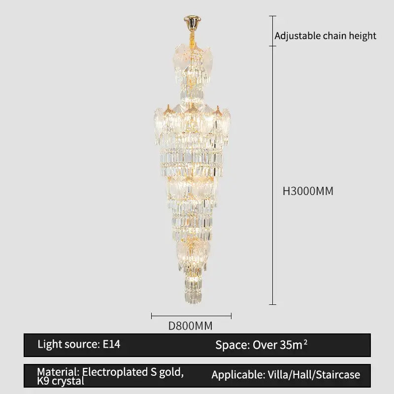 A tall decorbites crystal european long chandelier with cascading clear k9 crystal prisms and electroplated gold accents