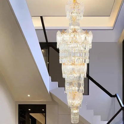 Decorbites crystal european long chandelier with cascading clear glass prisms and gold accents for living room lighting