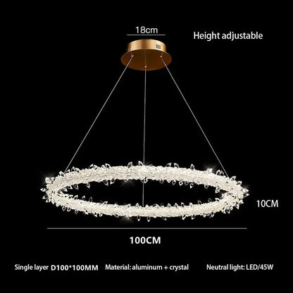 Decorbites crystal flower led chandelier with gold-tone ceiling mount and sparkling clear crystal ring for dining room
