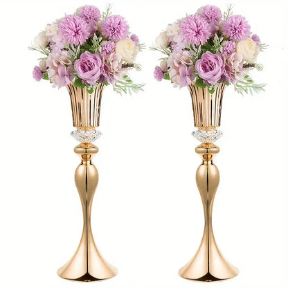 Elegant gold-toned crystal flower stand set with floral centerpieces in 22 inch tall metal fluted vases by DecorBites