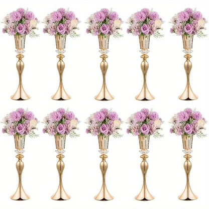 Gold-colored metallic DecorBites™ crystal flower stand set with crystal accents and purple floral arrangements
