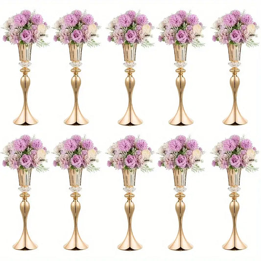 Gold-colored metallic DecorBites™ crystal flower stand set with crystal accents and purple floral arrangements