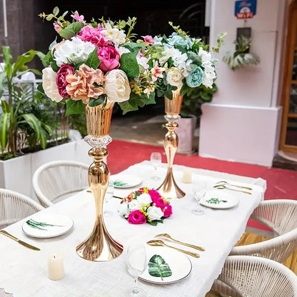 Decorbites crystal flower stand set featuring gold-colored tall metal vases with ornate floral and crystal accents