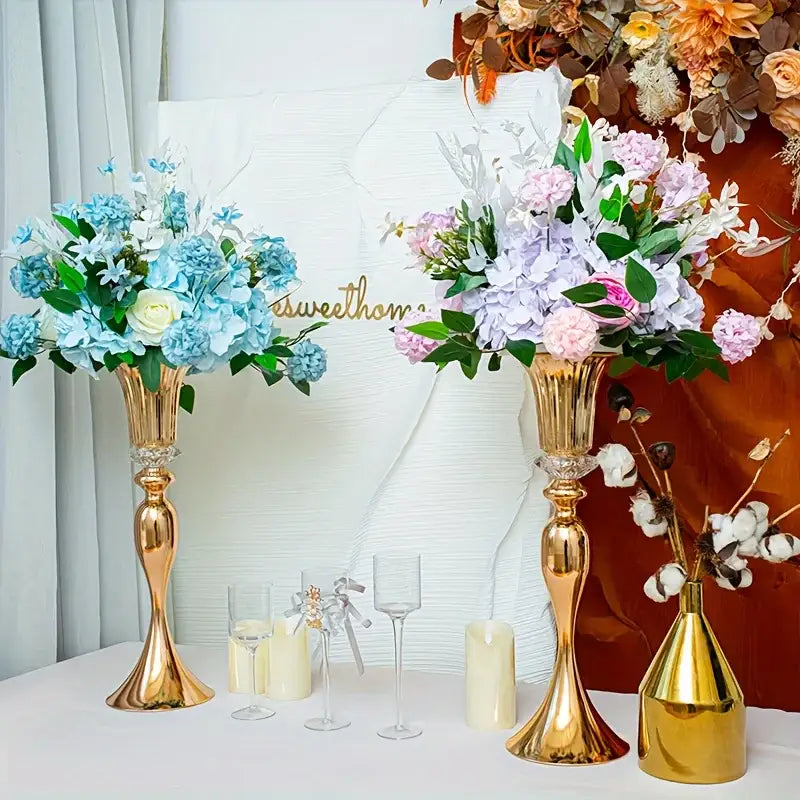 DecorBites™ crystal flower stand set features golden metallic tall vases with blue hydrangeas and pink-purple flowers