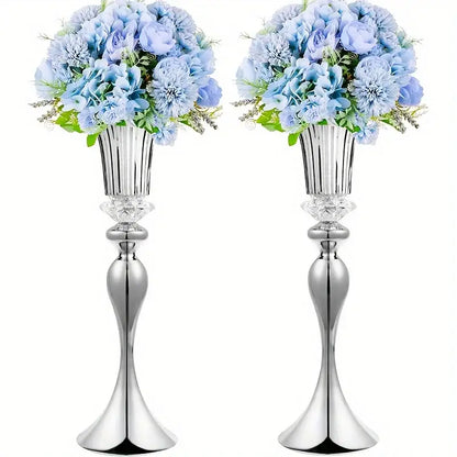 DecorBites™ crystal flower stand set with two 22 inch silver-toned metal vases holding blue artificial flowers