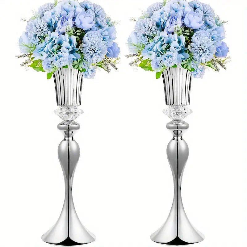 DecorBites™ crystal flower stand set with two 22 inch silver-toned metal vases holding blue artificial flowers