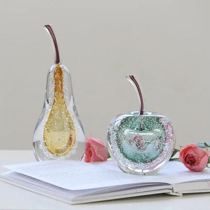 Decorbites crystal glass clear glass apple and pear sculptures with golden and teal bubbles for living room decor