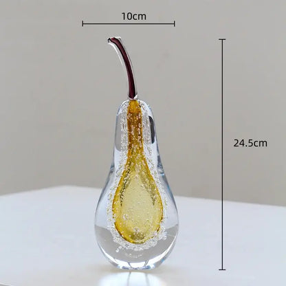 Decorbites crystal glass pear sculpture with golden yellow interior maroon stem and embedded bubbles for living room decor