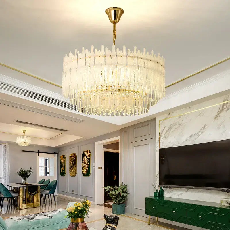 A decorbites crystal glaze gold chandelier with cascading clear crystal prisms for dining room luxury crystal glaze ceiling