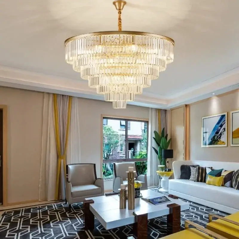 Decorbites crystal gold chandelier with cascading crystal rods and gold frame for black and amber living room light