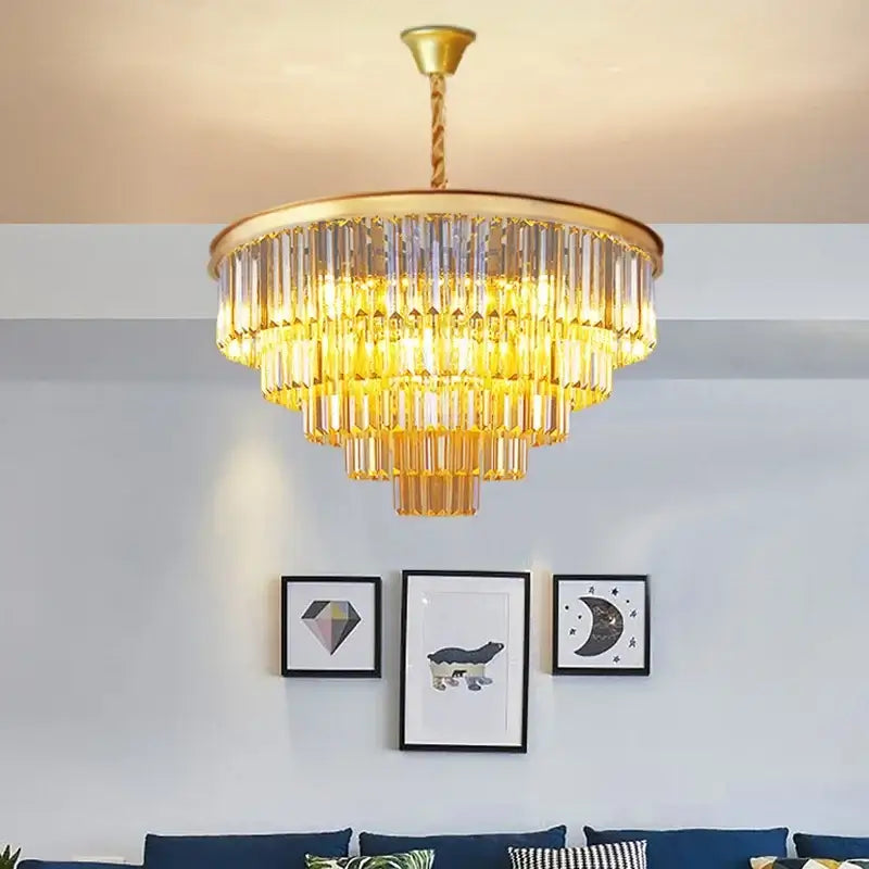 Golden decorbites crystal gold chandelier with cascading clear and amber crystal prisms for living room light