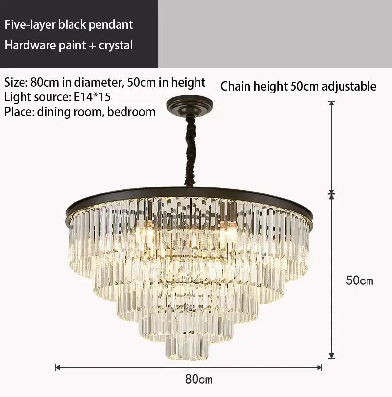 Elegant five-layer black decorbites crystal gold chandelier with cascading crystal rods and adjustable chain for living rooms