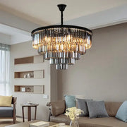 Black metal decorbites crystal gold chandelier with cascading clear and amber glass prisms for living room light