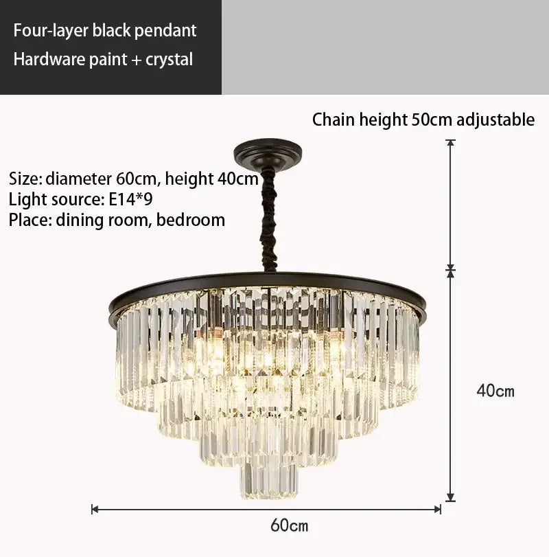 Elegant four-layer black decorbites crystal gold chandelier with crystal rods and hardware paint finish for living rooms