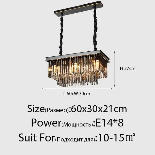 Modern rectangular decorbites crystal gold chandelier with black metal frame and cascading clear glass prisms for living room light