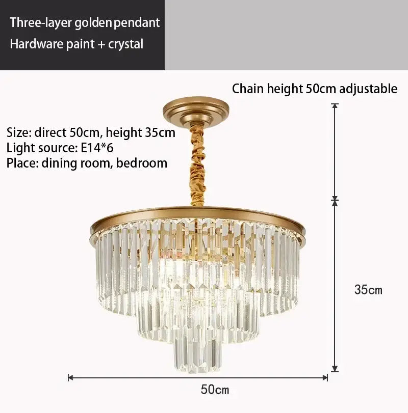 Golden three-layer crystal gold chandelier with crystal rods by decorbites for black and amber living room lighting