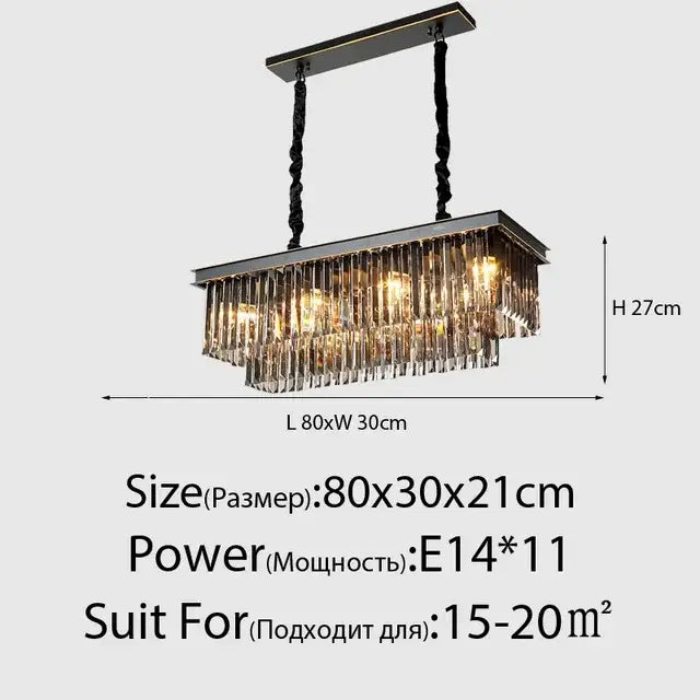 Rectangular decorbites crystal gold chandelier with black metal frame and clear crystal prisms for living room lighting