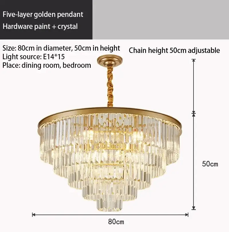Golden five-layer decorbites crystal gold chandelier with crystal rods and hardware paint finish for living room light