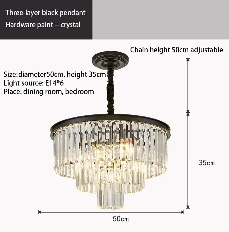 Black three-layer pendant crystal gold chandelier by decorbites with amber rods and hardware paint finish for living room