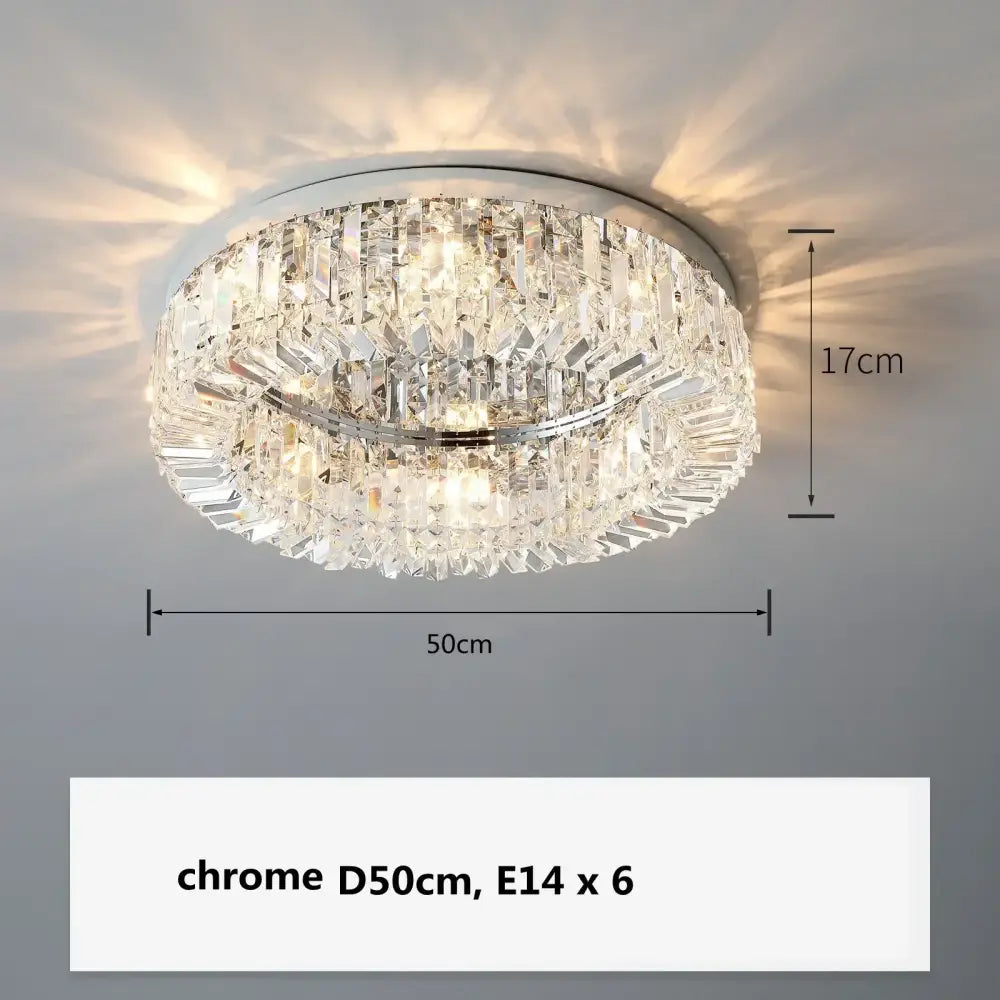 A decorbites crystal gold ceiling light with circular chrome fixture and two tiers of faceted crystal elements