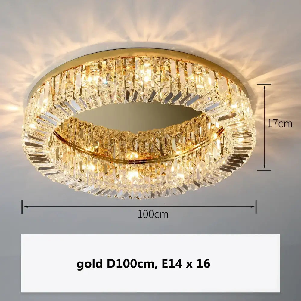 Decorbites crystal gold ceiling light with two rings of faceted crystal prisms and 16 e14 bulbs for dining room