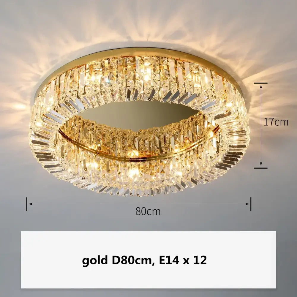 Decorbites crystal gold chandelier ceiling light with two concentric rings of faceted crystal prisms and 12 e14 bulbs