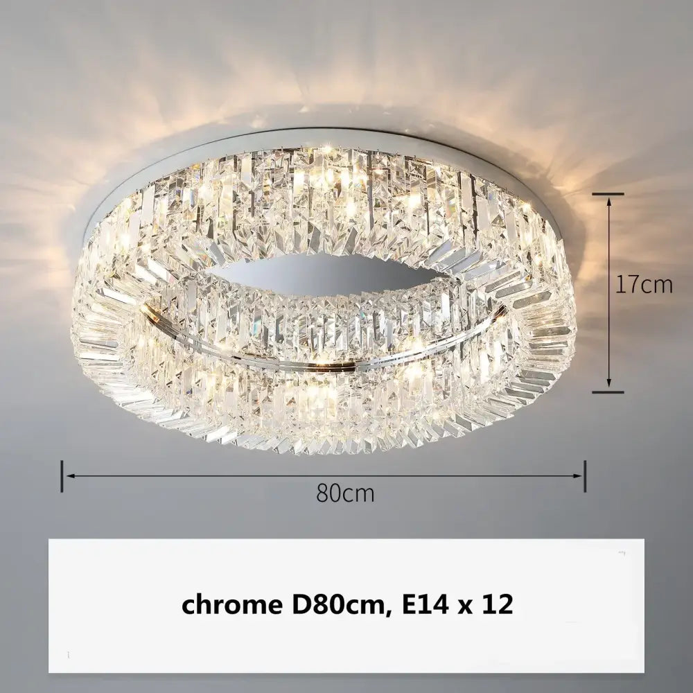 Modern chrome ceiling light fixture with two concentric faceted crystal rings, 80cm wide by 17cm tall, decorbites crystal gold ceiling