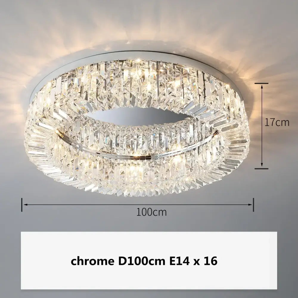 A modern chrome-finished ceiling light with concentric crystal rings from Decorbites crystal gold chandelier collection