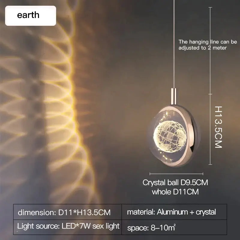 A decorbites crystal jellyfish gold bedroom pendant light with a clear crystal globe and wireframe earth design