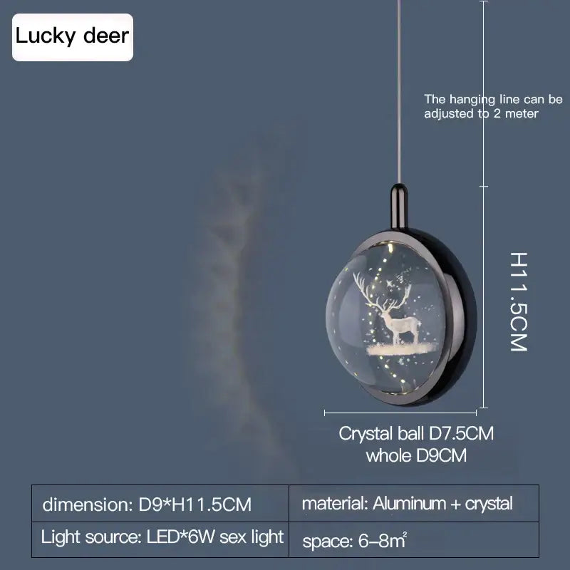 Decorbites crystal jellyfish gold bedroom pendant light with sleek spherical glass globe featuring white lucky deer and led stars