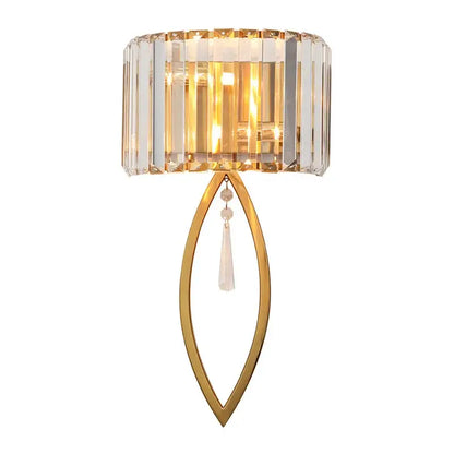 Gold-toned decorbites crystal led black wall lamp with cylindrical crystal shade and clear glass pendant for bedroom