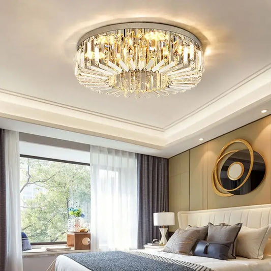 Circular decorbites crystal led ceiling light with polished chrome frame and cascading faceted glass prisms chandelier