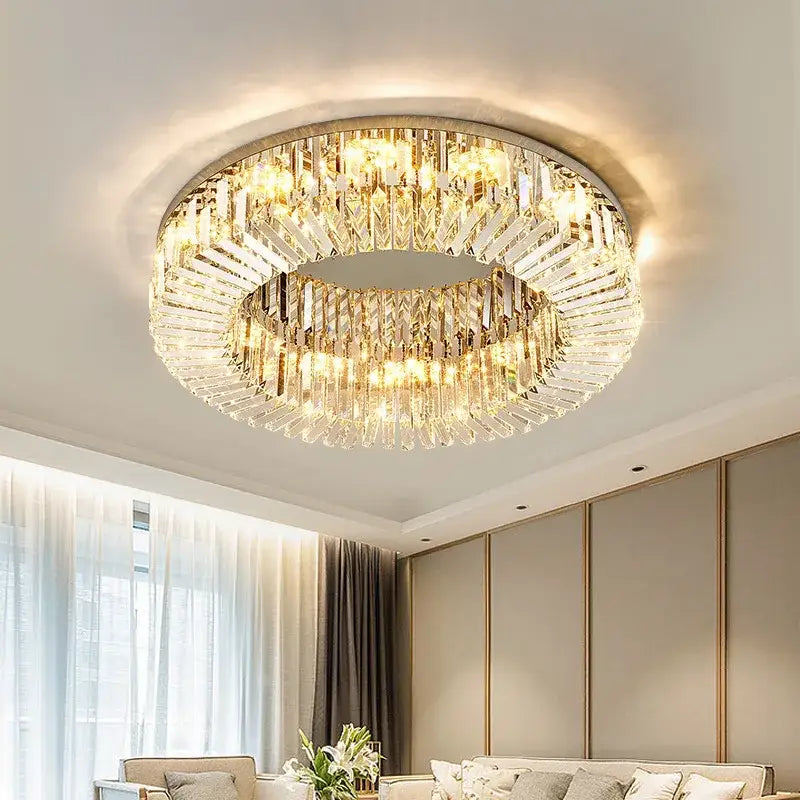 Decorbites crystal led two-tiered gold chandelier with faceted glass prisms for living room crystal led ceiling lights