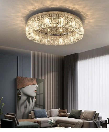 DecorBites™ crystal LED ceiling light in gold with circular tiers of faceted glass for modern dining room décor